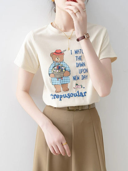 Short-sleeved women's T-shirt 2025 new early summer wear straight shoulder apricot loose round neck super beautiful unique beautiful top