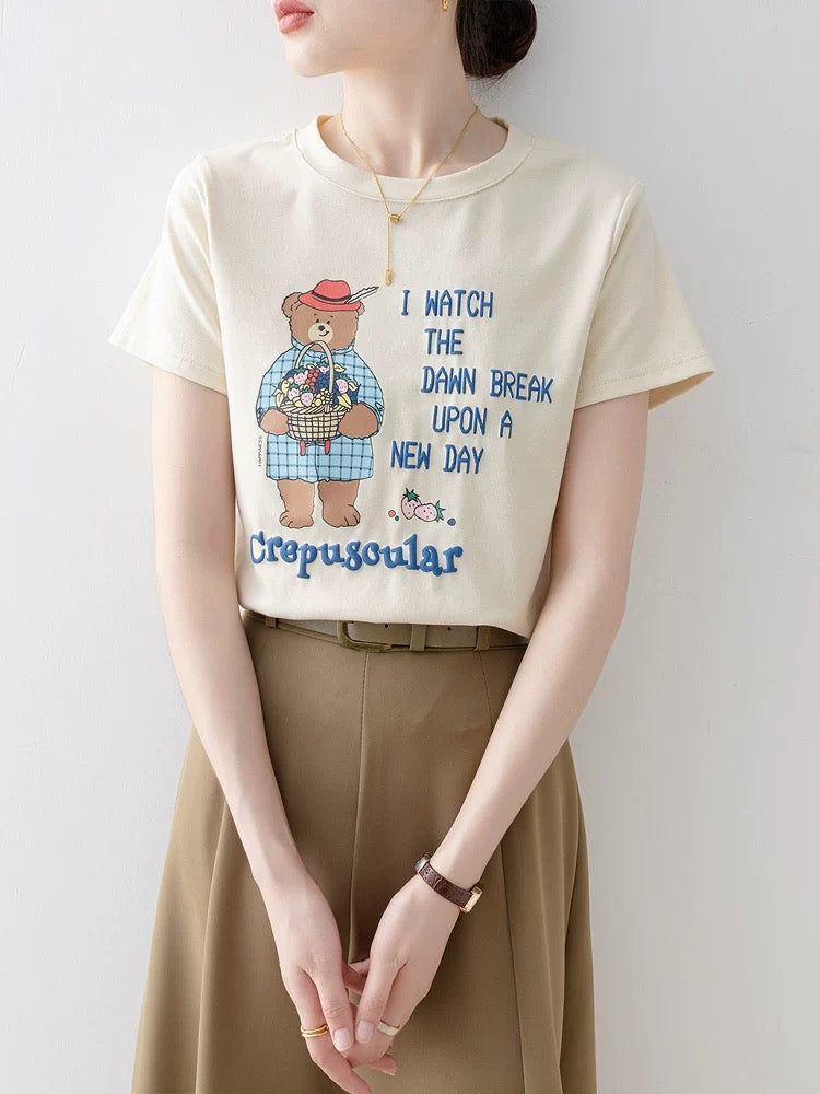 Short-sleeved women's T-shirt 2025 new early summer wear straight shoulder apricot loose round neck super beautiful unique beautiful top