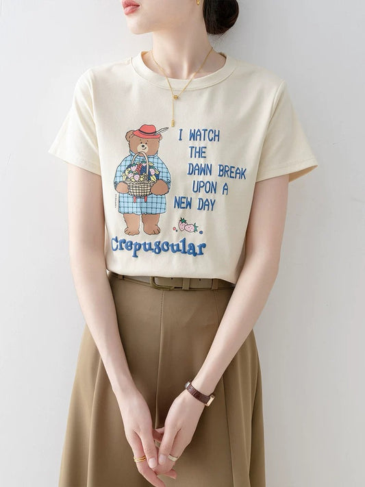 Short-sleeved women's T-shirt 2025 new early summer wear straight shoulder apricot loose round neck super beautiful unique beautiful top