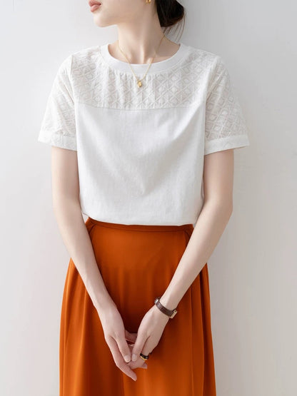 Short-sleeved straight shoulder T-shirt for women 2025 new white loose round neck pullover stitching unique beautiful early summer top
