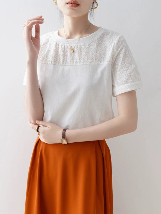 Short-sleeved straight shoulder T-shirt for women 2025 new white loose round neck pullover stitching unique beautiful early summer top