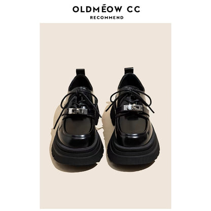 Lao Miao's shop thick-soled black small leather shoes for women genuine leather autumn new style lace-up British style versatile loafers single shoes