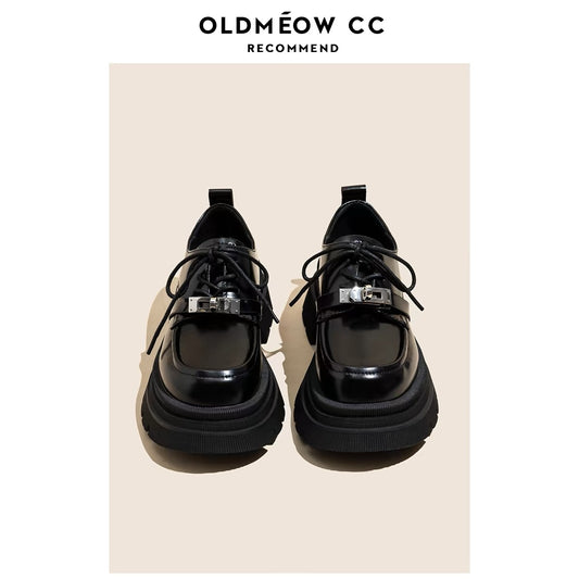 Lao Miao's shop thick-soled black small leather shoes for women genuine leather autumn new style lace-up British style versatile loafers single shoes