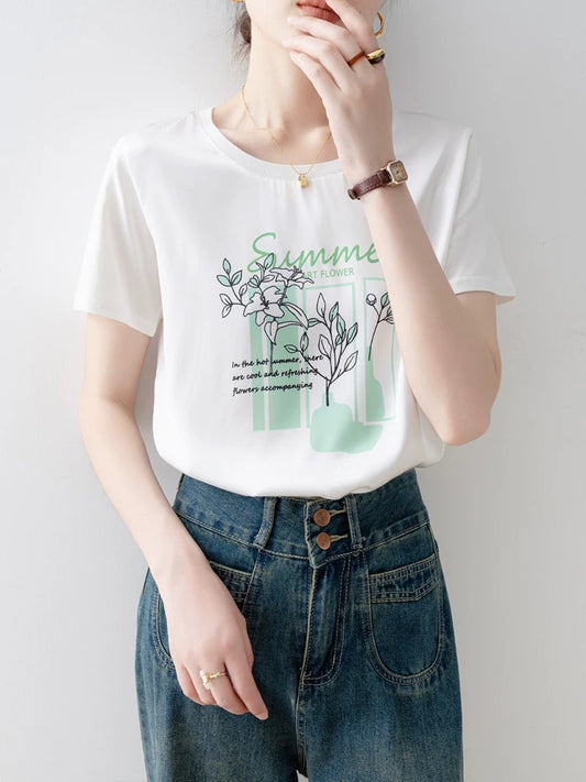 Short-sleeved straight shoulder T-shirt for women 2025 new white loose round neck design unique and beautiful early summer top