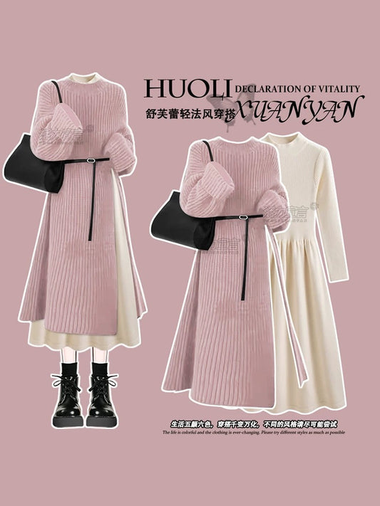 Stylish French knitted dress for women autumn and winter 2024 new style miu style sweater dress
