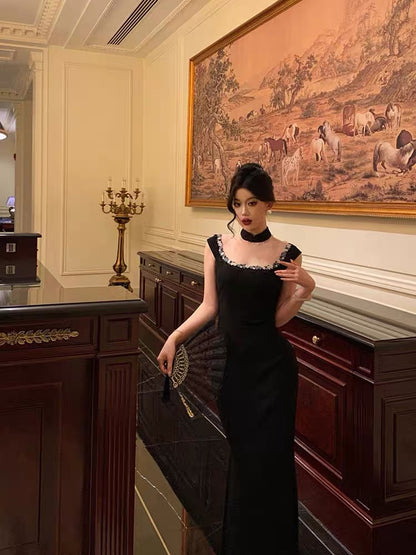 [In Stock] Elegant Black Qipao-Style Dress – 2026 New Arrival: Unique Design, Fitted Waist, and Side Slits