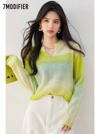 La Chapelle 7M2025 autumn new fashion casual sweater color matching V-neck temperament top for women