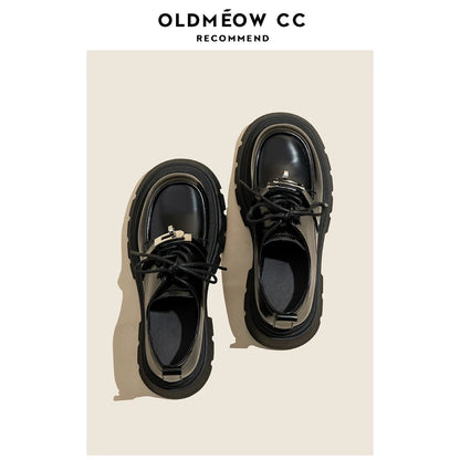 Lao Miao's shop thick-soled black small leather shoes for women genuine leather autumn new style lace-up British style versatile loafers single shoes