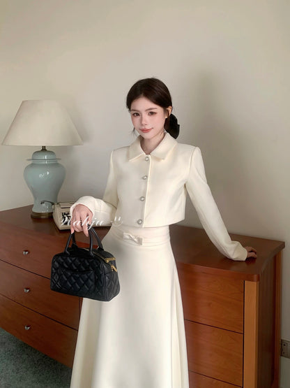 WAHJU Pure White Alice Xu Yan's French Gentle Winter Style Slim Fit Coat and Skirt