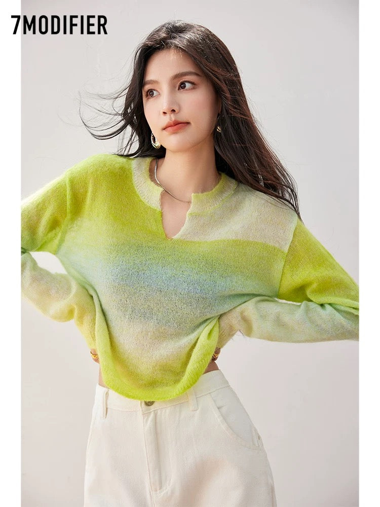 La Chapelle 7M2025 autumn new fashion casual sweater color matching V-neck temperament top for women