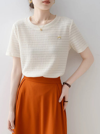 Apricot loose round neck straight shoulder short sleeve T-shirt summer women's clothing 2025 new style this year's popular hit age-reducing tops