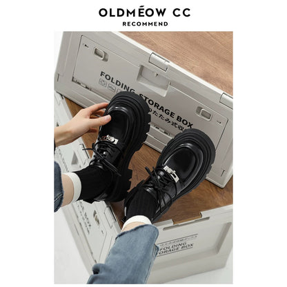 Lao Miao's shop thick-soled black small leather shoes for women genuine leather autumn new style lace-up British style versatile loafers single shoes