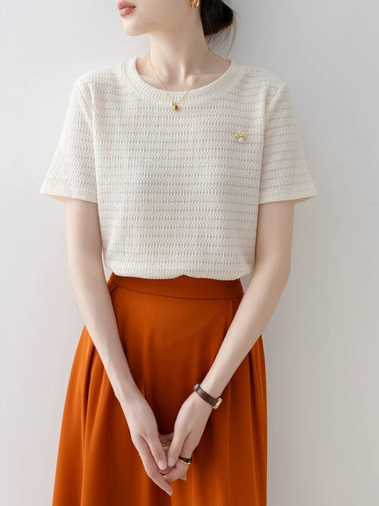 Apricot loose round neck straight shoulder short sleeve T-shirt summer women's clothing 2025 new style this year's popular hit age-reducing tops