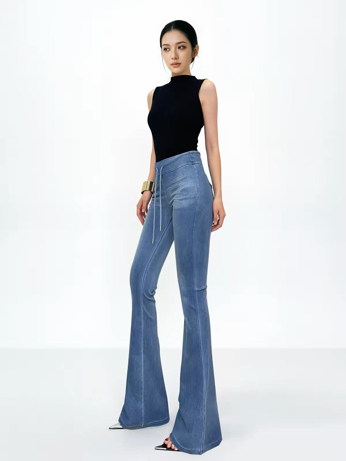 Yangyang Detachable Hip-Enhancing Pads / Women's Blue High-Stretch Casual Bootcut Pants – Summer Full-Length Trousers with Rear Pockets and Butt-Lifting Design