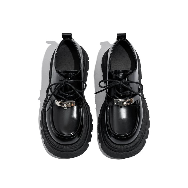 Lao Miao's shop thick-soled black small leather shoes for women genuine leather autumn new style lace-up British style versatile loafers single shoes