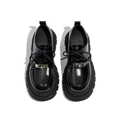 Lao Miao's shop thick-soled black small leather shoes for women genuine leather autumn new style lace-up British style versatile loafers single shoes