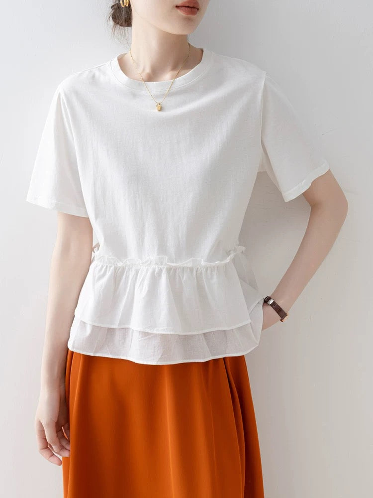 White round neck short-sleeved T-shirt for women 2025 new summer ruffle stitching super beautiful unique beautiful top