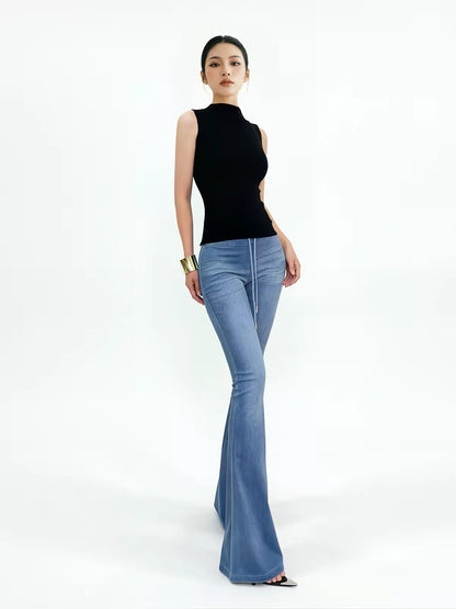 Yangyang Detachable Hip-Enhancing Pads / Women's Blue High-Stretch Casual Bootcut Pants – Summer Full-Length Trousers with Rear Pockets and Butt-Lifting Design
