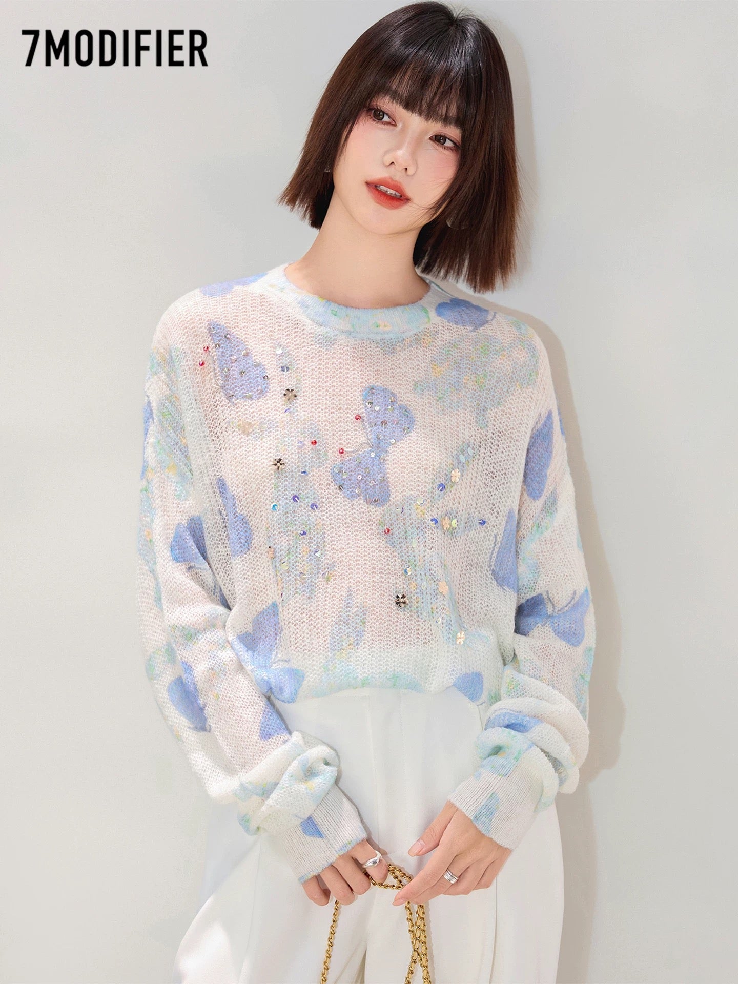 La Chapelle 7M2025 autumn design creative beaded round neck pullover slim long sleeve knitted sweater top