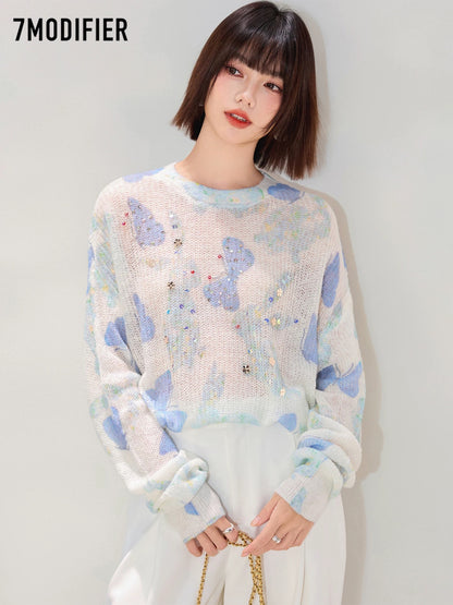 La Chapelle 7M2025 autumn design creative beaded round neck pullover slim long sleeve knitted sweater top