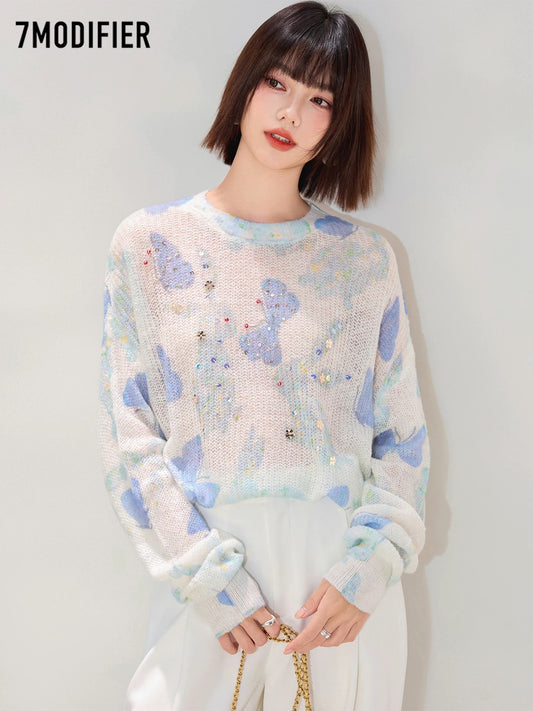 La Chapelle 7M2025 autumn design creative beaded round neck pullover slim long sleeve knitted sweater top