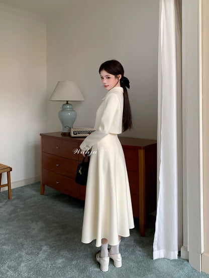 WAHJU Pure White Alice Xu Yan's French Gentle Winter Style Slim Fit Coat and Skirt