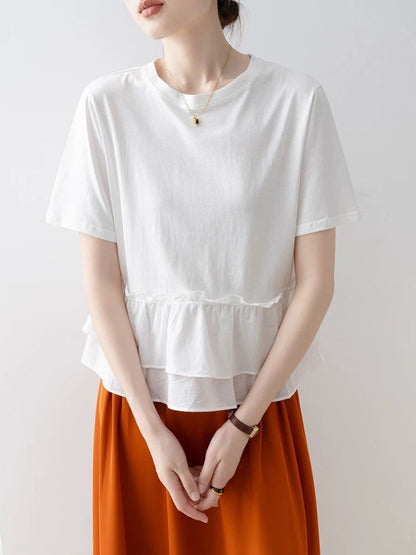 White round neck short-sleeved T-shirt for women 2025 new summer ruffle stitching super beautiful unique beautiful top