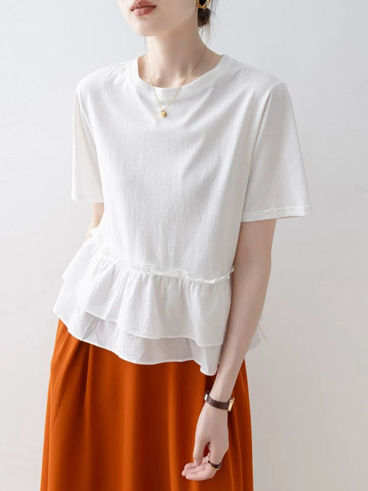 White round neck short-sleeved T-shirt for women 2025 new summer ruffle stitching super beautiful unique beautiful top