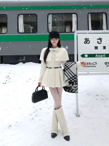 WAHJU Finnish Fairy Tale Winter Elegant Wool Cape Slim Fit Coat Dress for Women No Belt