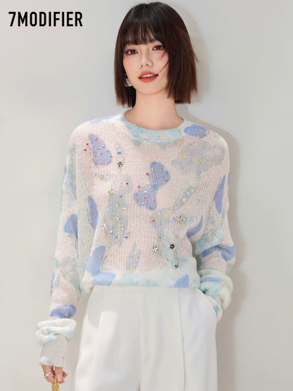 La Chapelle 7M2025 autumn design creative beaded round neck pullover slim long sleeve knitted sweater top