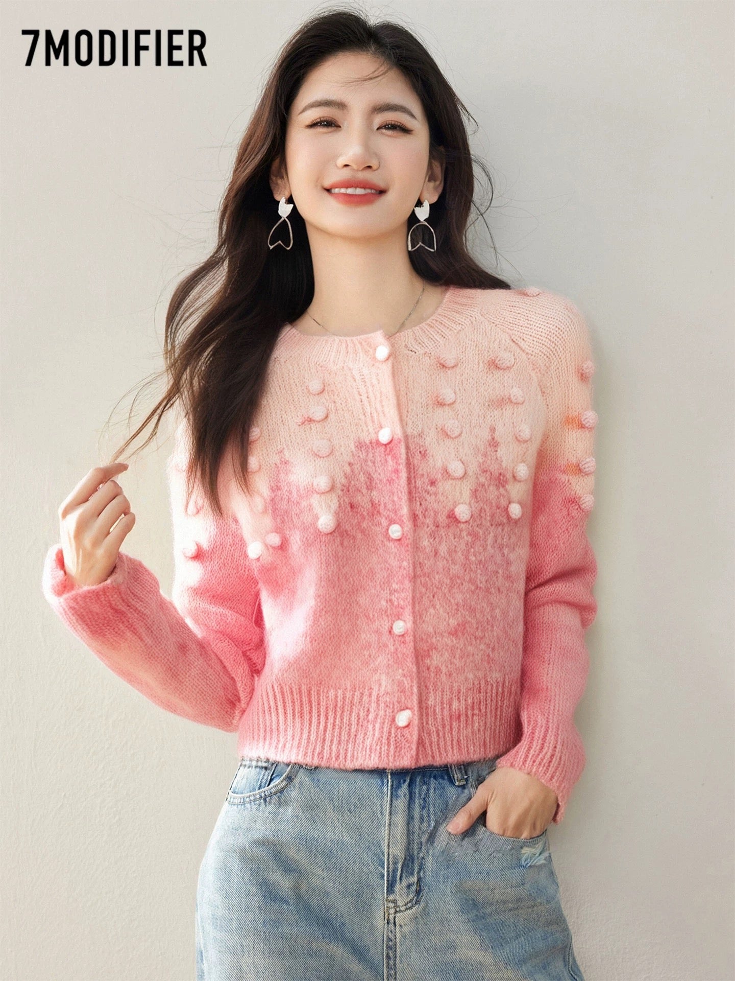 La Chapelle 7M2025 autumn Korean style temperament three-dimensional decoration gradient all-match long-sleeved knitted sweater tops for women