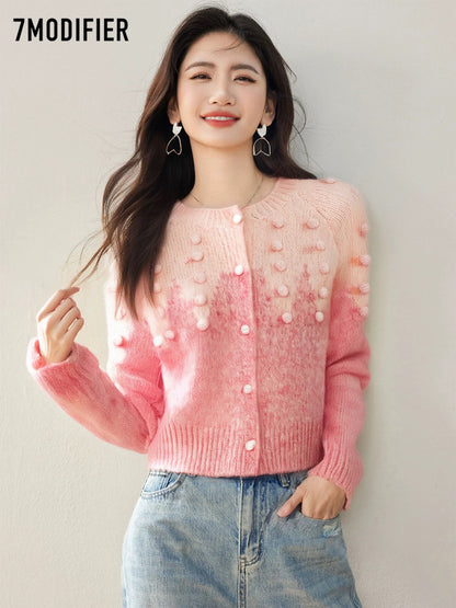 La Chapelle 7M2025 autumn Korean style temperament three-dimensional decoration gradient all-match long-sleeved knitted sweater tops for women