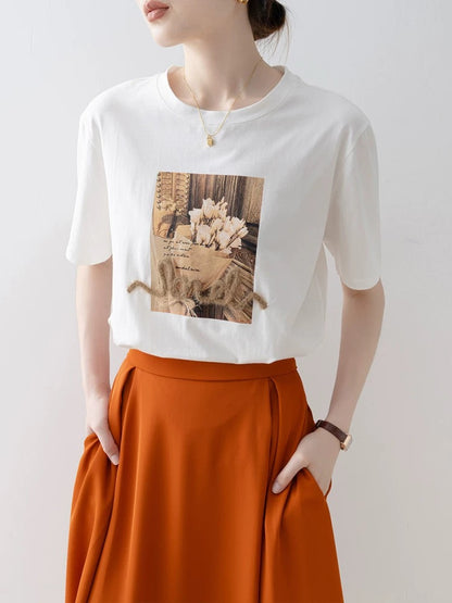 Super beautiful unique beautiful tops for women 2025 new hot style summer white loose round neck straight shoulder short sleeve t-shirt