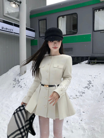 WAHJU Finnish Fairy Tale Winter Elegant Wool Cape Slim Fit Coat Dress for Women No Belt