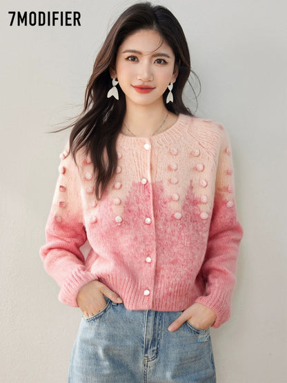 La Chapelle 7M2025 autumn Korean style temperament three-dimensional decoration gradient all-match long-sleeved knitted sweater tops for women