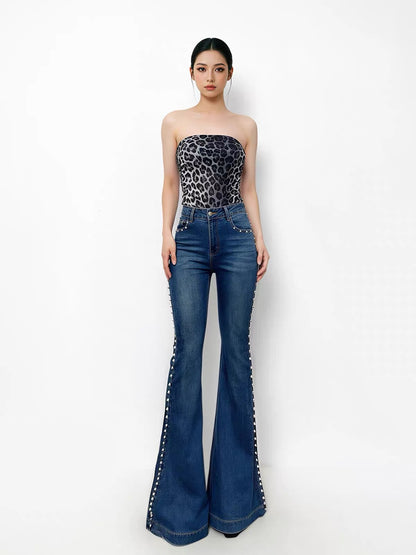 Yangyang Women's Retro High-Waisted Wide-Flare Jeans – Summer Style with Elaborate Stud Detailing, Stretch Fabric, and Length Suitable for Tall Women