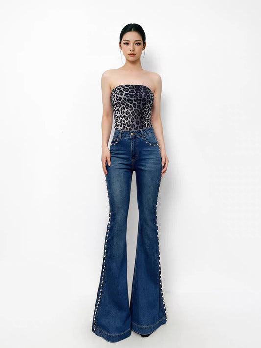 Yangyang Women's Retro High-Waisted Wide-Flare Jeans – Summer Style with Elaborate Stud Detailing, Stretch Fabric, and Length Suitable for Tall Women