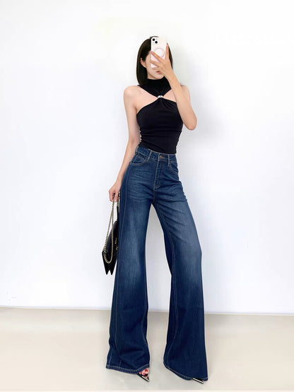 Yangyang Women's Vintage-Wash Dark Blue Wide-Leg Jeans – High-Waisted, Loose-Fit, Double-Stitched Side Seams, Straight-Leg Floor-Length Trousers