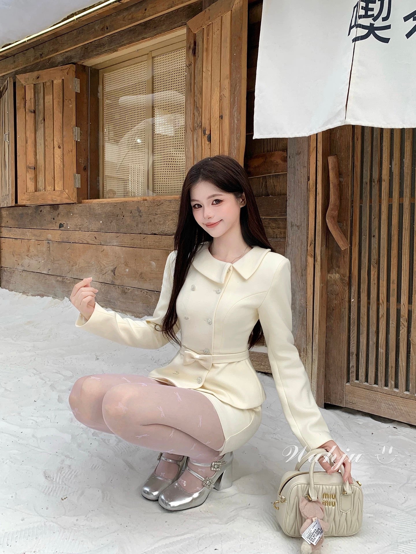 WAHJU's Exquisite Details: Winter Fitted Waist Collar Bow Design Wool Coat and Skirt Set for Women