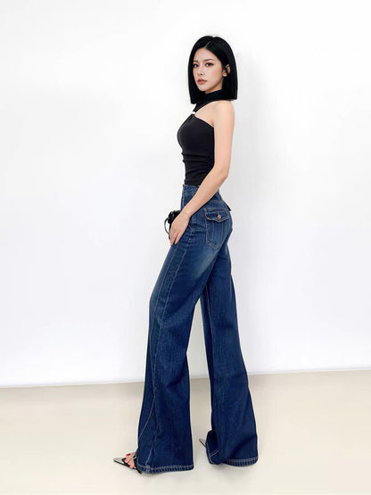 Yangyang Women's Vintage-Wash Dark Blue Wide-Leg Jeans – High-Waisted, Loose-Fit, Double-Stitched Side Seams, Straight-Leg Floor-Length Trousers