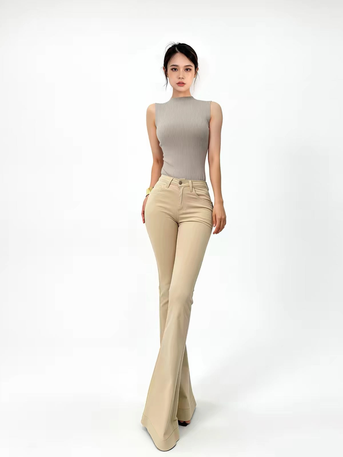 Yangyang Women's Classic Khaki Slim-Fit Bootcut Jeans – Lightweight Summer Style with Flap Back Pockets and Butt-Lifting Design