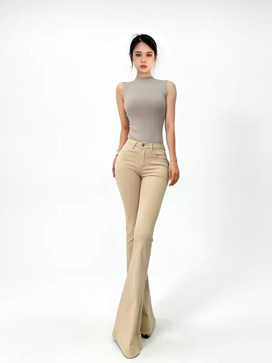 Yangyang Women's Classic Khaki Slim-Fit Bootcut Jeans – Lightweight Summer Style with Flap Back Pockets and Butt-Lifting Design