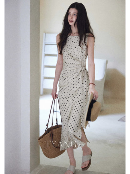 Eryang Design [Songjian Yue] High-end temperament polka dot dress for women with side waist linen cotton French long skirt