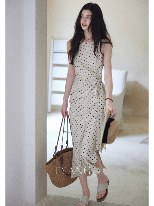 Eryang Design [Songjian Yue] High-end temperament polka dot dress for women with side waist linen cotton French long skirt