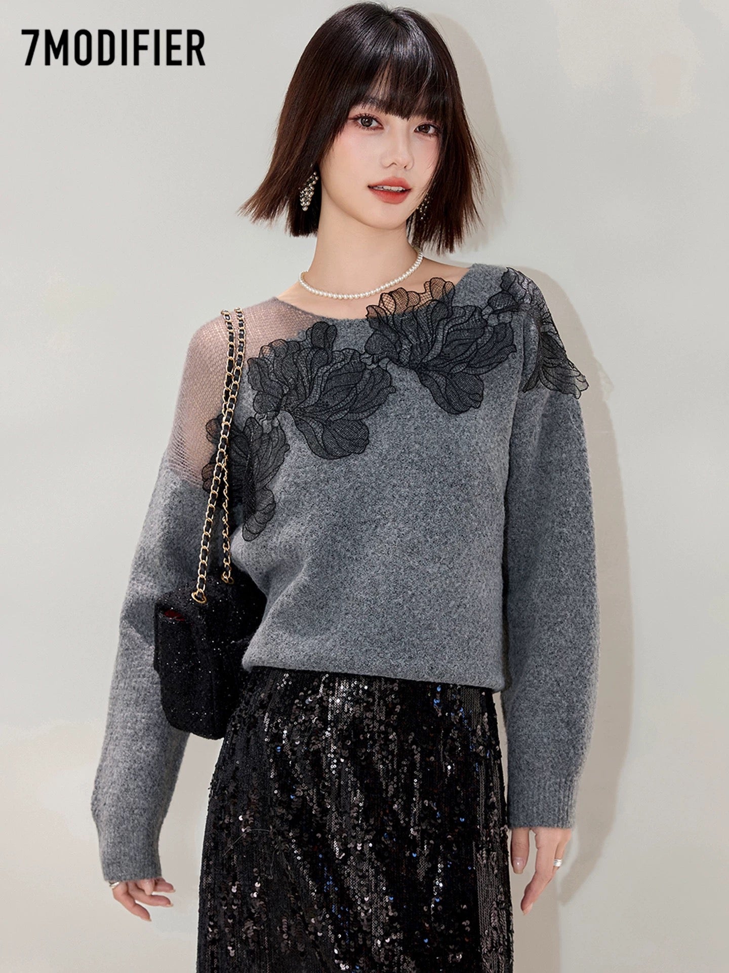 La Chapelle 7M2025 autumn high-end three-dimensional applique design round neck pullover long-sleeved knitted sweater top