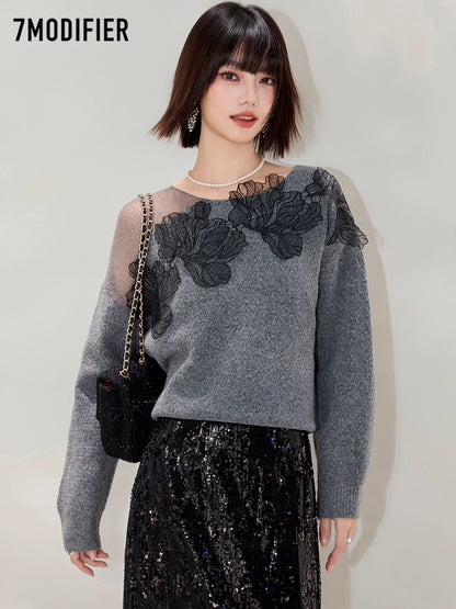 La Chapelle 7M2025 autumn high-end three-dimensional applique design round neck pullover long-sleeved knitted sweater top