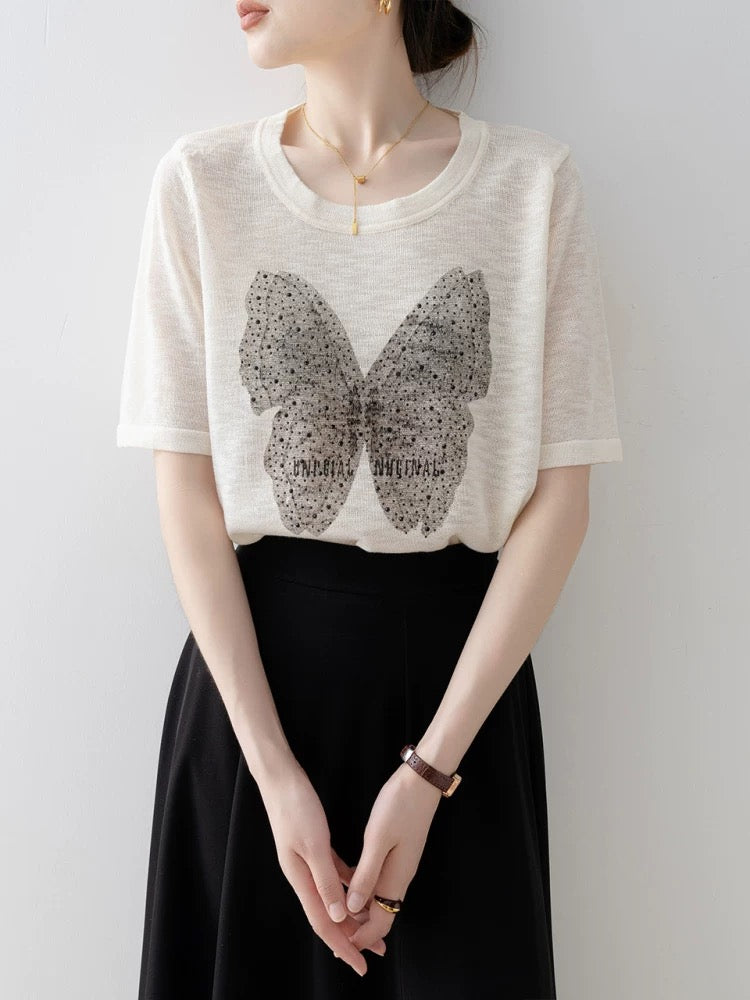 Straight shoulder short-sleeved women's T-shirt 2025 new summer beige loose round neck butterfly print sweater thin top