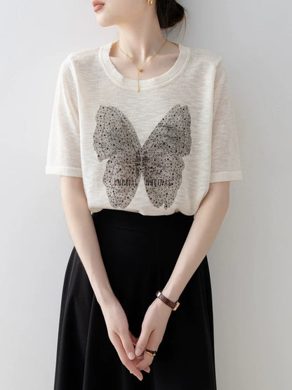 Straight shoulder short-sleeved women's T-shirt 2025 new summer beige loose round neck butterfly print sweater thin top