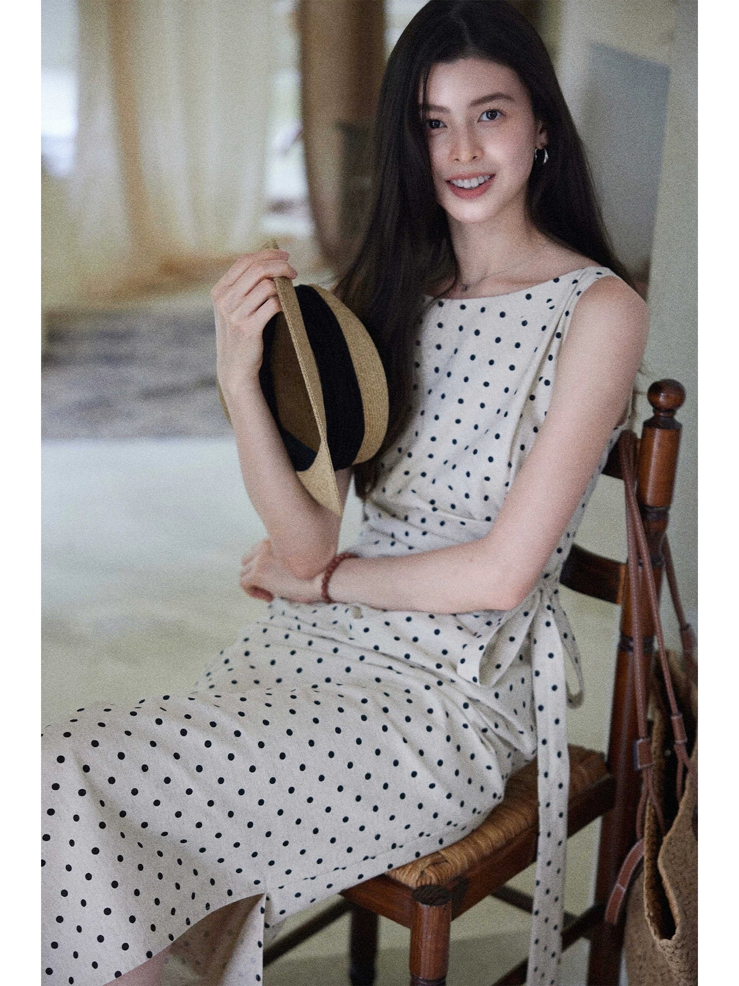 Eryang Design [Songjian Yue] High-end temperament polka dot dress for women with side waist linen cotton French long skirt