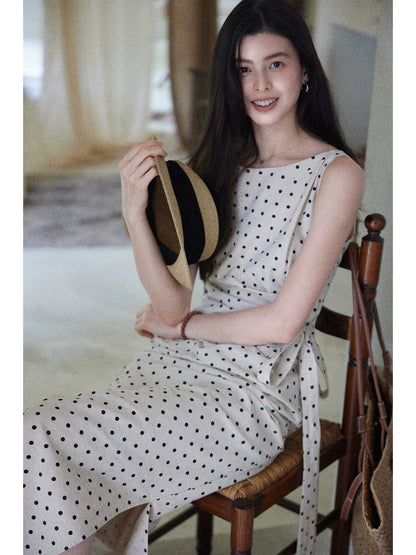 Eryang Design [Songjian Yue] High-end temperament polka dot dress for women with side waist linen cotton French long skirt